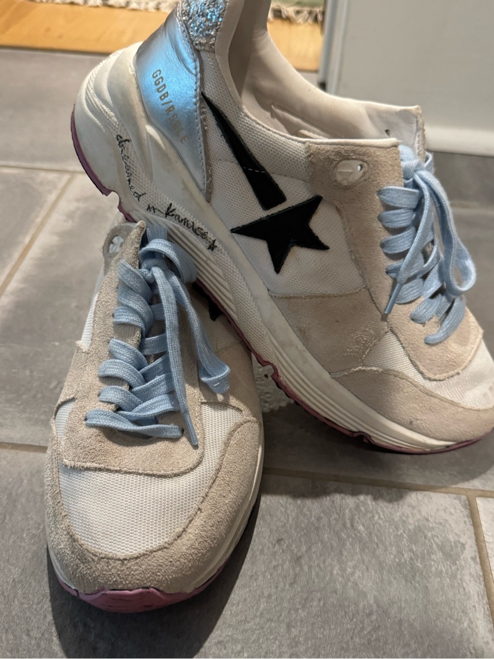 Golden Goose Style White Suede & Mesh Sneakers with Light Blue Laces